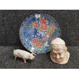 Unmarked 1994 decorative wall plate together with tobacco jar in the form of a monk and acorn