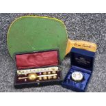 Boxed set of vintage brass scales with loose weights & thermometer together with vintage left handed