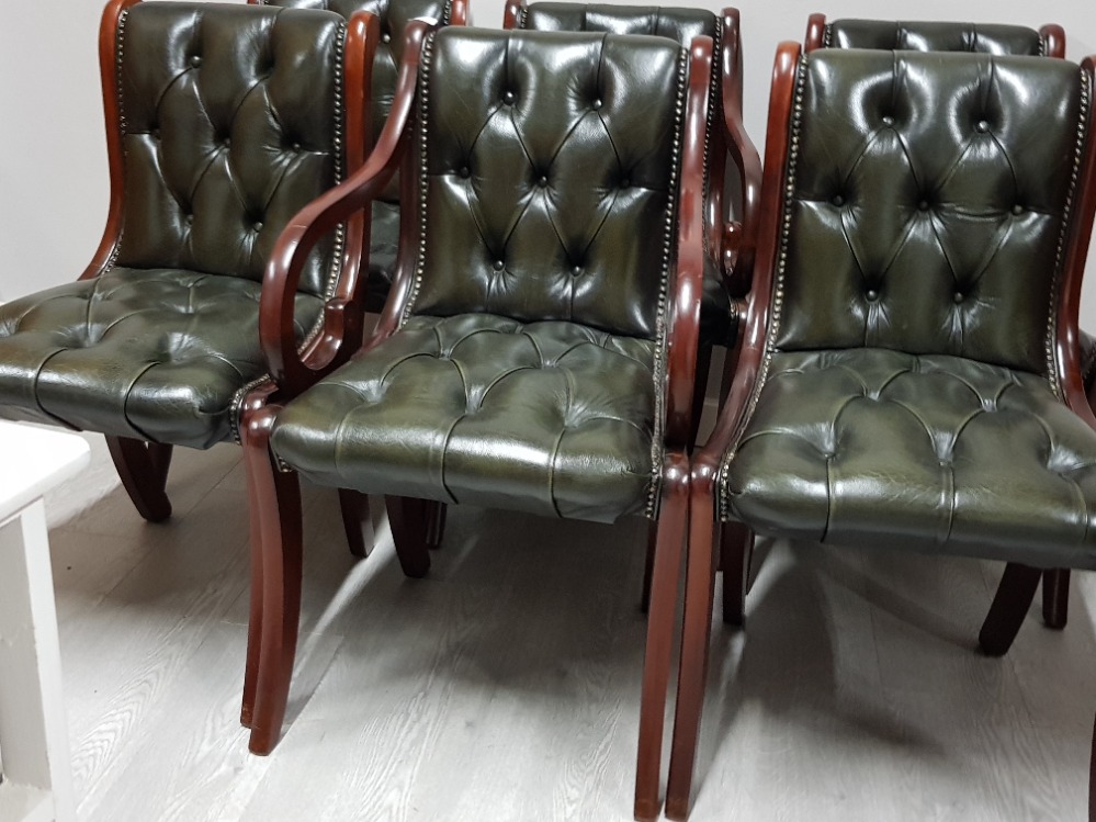 Set of 6 mahogany framed & upholstered green studded Chesterfield dining chairs, include 2 carvers & - Image 3 of 3