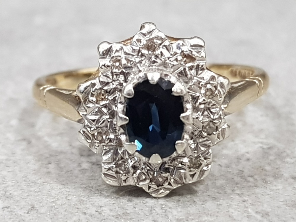 9ct gold sapphire & diamond cluster ring, size Q½, 3.4g gross