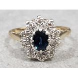 9ct gold sapphire & diamond cluster ring, size Q½, 3.4g gross