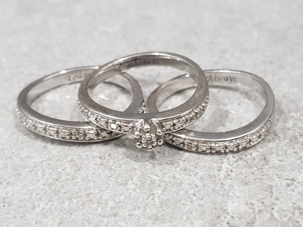 Silver & diamond set of 3 rings, size N, 7.2g gross