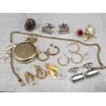 Bag of assorted costume jewellery including earrings, chain pocket watch etc