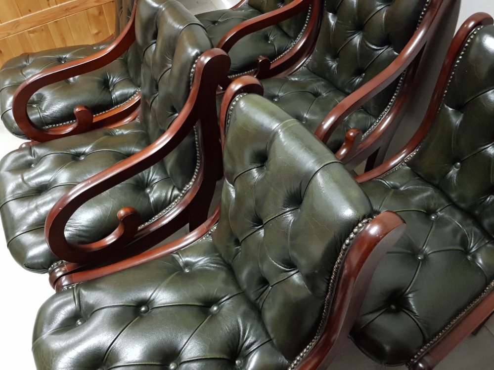 Set of 6 mahogany framed & upholstered green studded Chesterfield dining chairs, include 2 carvers & - Image 2 of 3