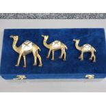 Brass & mother of pearl 3 piece Camel ornament set, with original case