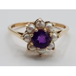 Ladies 9ct yellow gold purple stone and pearl cluster ring size R 2.6g gross