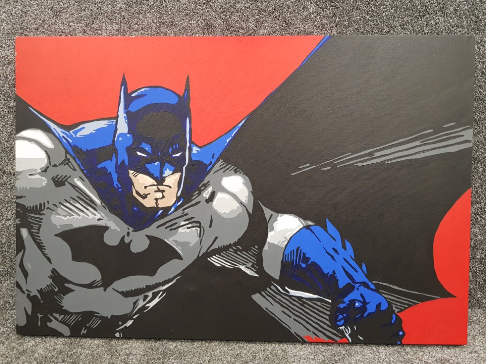 A large oil on canvas painting painting of DCs Batman the caped crusader, signed by the artis bottom