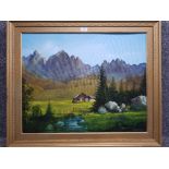 An oil painting by R Wild Continental mountain scene with chalet, signed and dated 1976 57 x 72cm