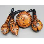 4 vintage Peruvian carved Gourd rattles with animal designs