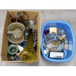 Basin of miscellaneous perfume bottles compacts gramophone needles nut crackers etc and a box of