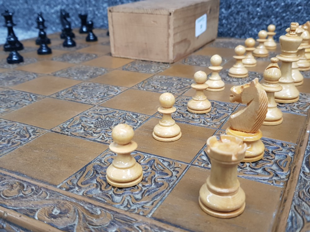 Carved wooden chess board + wooden pieces, complete with slide top storage box - Image 2 of 2