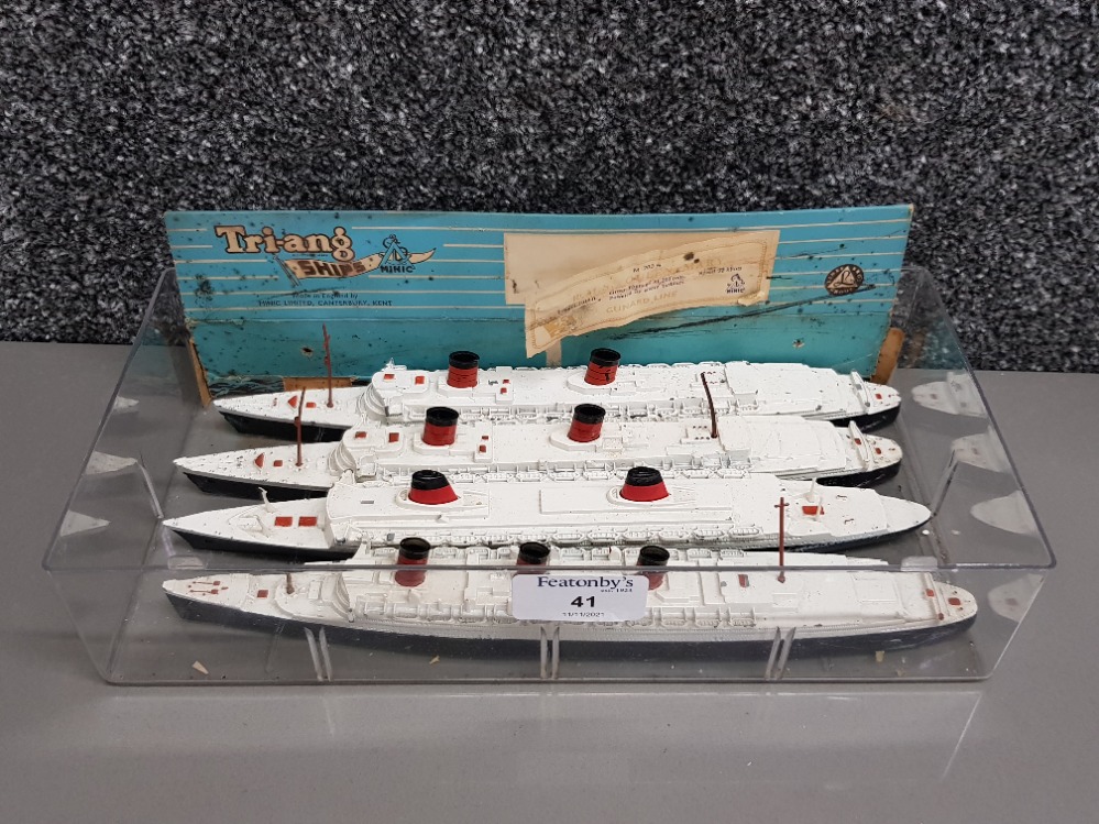 Four vintage Tri-ang die cast cunard liners RMS Queen Elizabeth x 2, S S France, and RMS Queen Mary