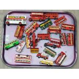 Approx 21 die cast advertising buses and trams and a combine harvester, playworn and various