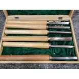 Box containing set of 6 wooden handled vintage chisels