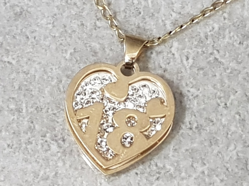 9ct gold & crystal 18th heart shaped pendant & 9ct gold necklet, 2.4g