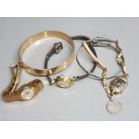 Gold plated bangle, silver buckle bangle & 3 ladies watches one with Georgian 3D