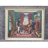 Vibrant vintage oil on board painting titled the rent collector, signed by the Artist bottom right