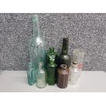 2 antique poison bottles plus similar glass items, to include a vintage horlicks mixing vessel