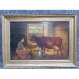 A Victorian oil painting milking the cow, indistinct signature 28 x 44cm