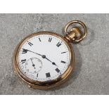 A gold plated pocket watch by Dennison watch, case co LTD no 805568, with enamel Roman dial (ticking