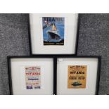 3 prints of White Star Line Titanic advertising signs, all 3 in matching frames