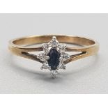 Ladies 9ct yellow gold sapphire & diamond cluster ring, 1.4g, size L