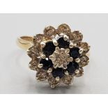 9ct yellow gold sapphire and diamond cluster ring 4.7g gross size N1/2