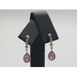 Ladies 9ct white gold diamond & pink stone drop earrings, 1.7g