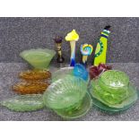 Two jack in the pulpit style vases, pressed green glass and other items.