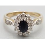 Ladies 9ct yellow gold sapphire and diamond cluster ring 3.2g gross size L1/2