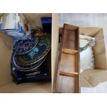 2 boxes of miscellaneous items plates, part fire companion set, light fitting etc