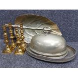 4 vintage brass candle sticks together with large metal leaf dish, twin handled tray & lid