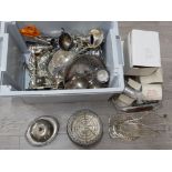 Silver plated ware to include a bottle holder, trays, flatware, butter dish, stainless steel tea set