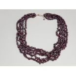 Five strand garnet bead necklet with silver fittings (boxed)