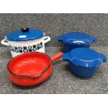 Two blue enamel and cast iron casseroles by Nacco of Denmark, an Austrian enamel pot and an