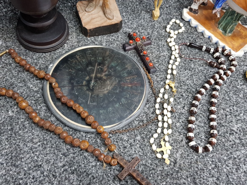 Box containing miscellaneous items including religious rosary beads, crucifix & hand carved wooden - Image 3 of 3