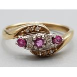 Ladies 9ct yellow gold ruby and diamond cluster ring 2.5g gross size M1/2
