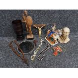 Box containing miscellaneous items including religious rosary beads, crucifix & hand carved wooden