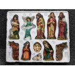 11 piece ceramic nativity set including Mary, Joseph, baby jesus, 3 kings, gloria angel, stable