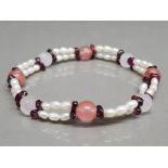 Freshwater pearl, garnet and rose quartz bracelet with Honora purse.