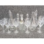 Box of crystal glass items includes drinking glasses, decanters etc