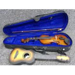 Vintage Hans Joseph Hauer ¾ violin & bow with original case together with a Liu Mei Ukulele