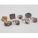 8x ladies silver stone set rings set with opals, cubic zirconias, Marquasite & purple stones