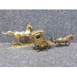 A brass horse and carriage together with another brass horse