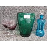 Vintage Holmegaard Kluk Kluk decanter by Jacob Bang, a pair of amethyst drinking glasses, and a