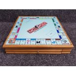 Vintage wooden compendium of games, complete, features Monopoly, Cluedo, chess etc