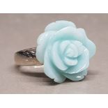 Silver and carved blue mother of pearl flower ring size P1/2 7.4g gross