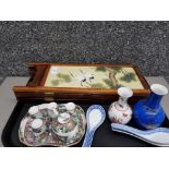 Tray of oriental table screen mini vases and saki set