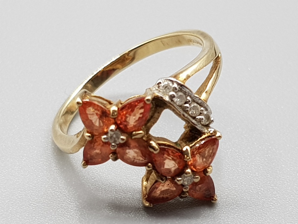 Ladies 9ct yellow gold orange stone and diamond double cluster ring size O 2.9g gross