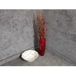 A Cresent Ware wash bowl and a red glass vase